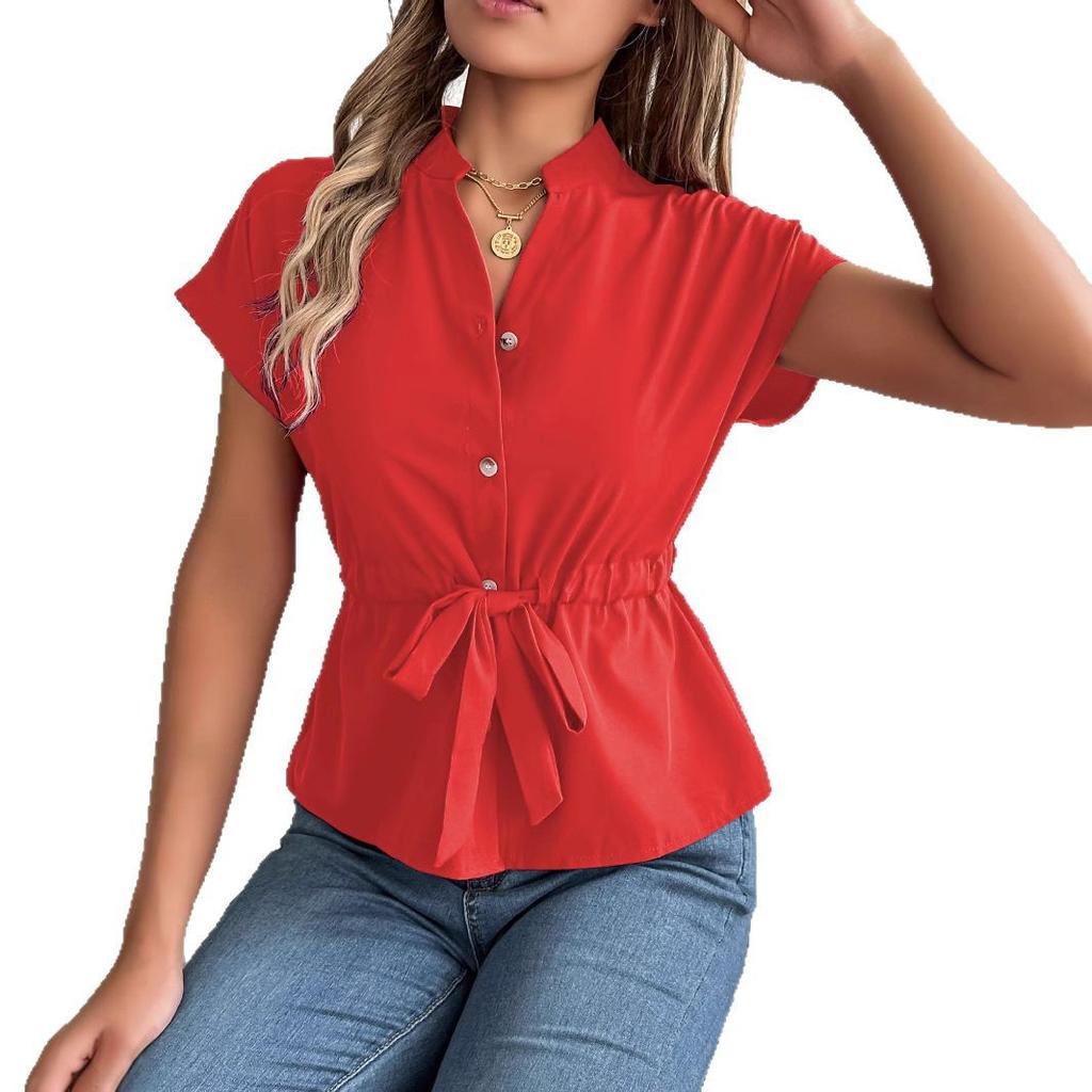 Camicie estive da donna Manica corta Chiffon Scollo a V Bottoni Elegante Cintura Camicia