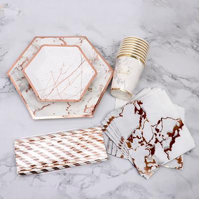 Goldfolie Marmor Einweggeschirr Party Pappteller Becher Babyparty Gastgeschenk Papier Trinkhalme Hochzeitsfeier Zubehör
