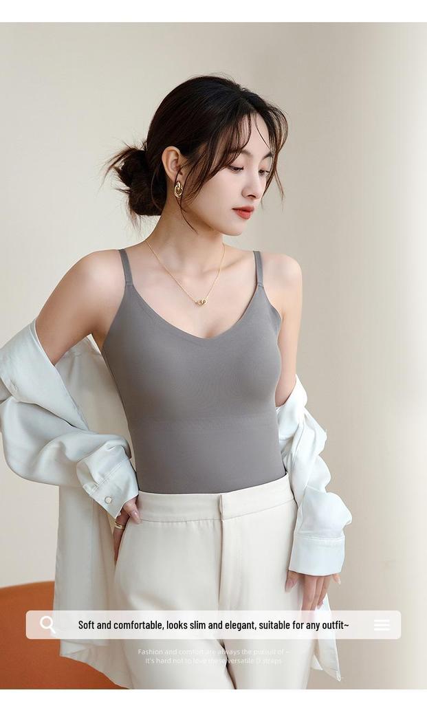 Seamless Ice Silk Camisole Bra with Fixed Push-Up Cups for Spring/Summer – Women's Base Layer for Inner and Outer Wear