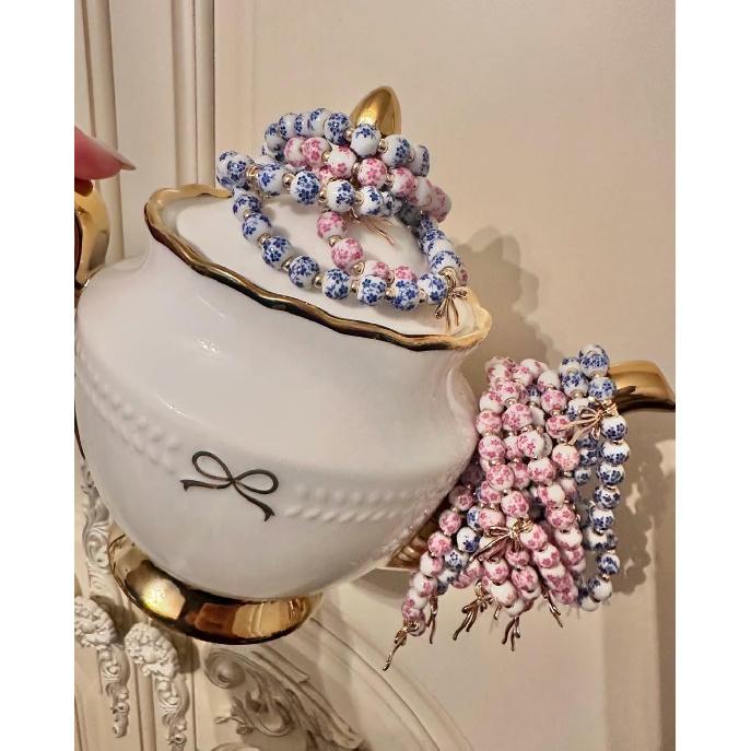Beaded Bracelets for Women,Bow Charm Blue Flower Gold Plated Jewelry Women