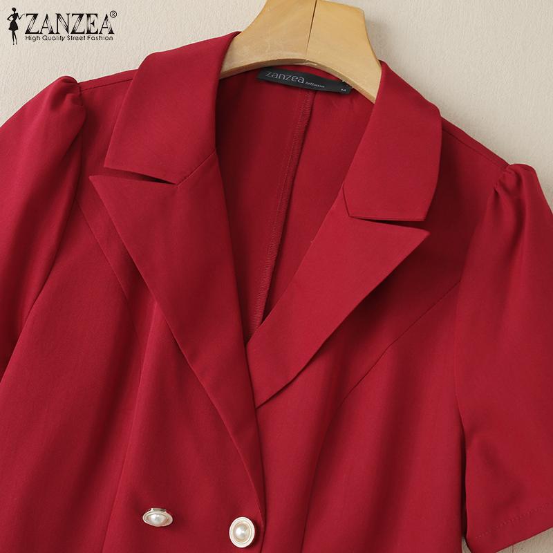 ZANZEA Damen Casual Turn Down Kragen Lose Kurzarm Plissee Kleid