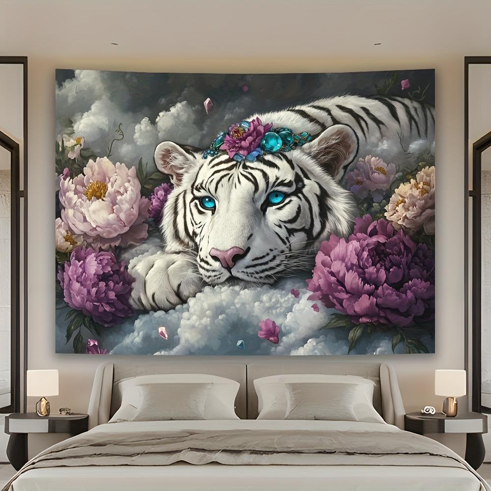 Elegant White Tiger  Floral Crown Tapestry  Luxurious Peach Light Beige Velvet Wall Art with Turquoise Accents Horizontal Des 74x94cm(29x37in)