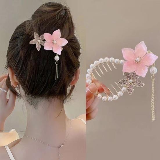 Lady Ponytail Claw Shiny Rhinestone Faux Pearl Long Tassel Flower Multi Teeth Stainless Hair Decoration Lightweight Bridal Hair Bun Clipper