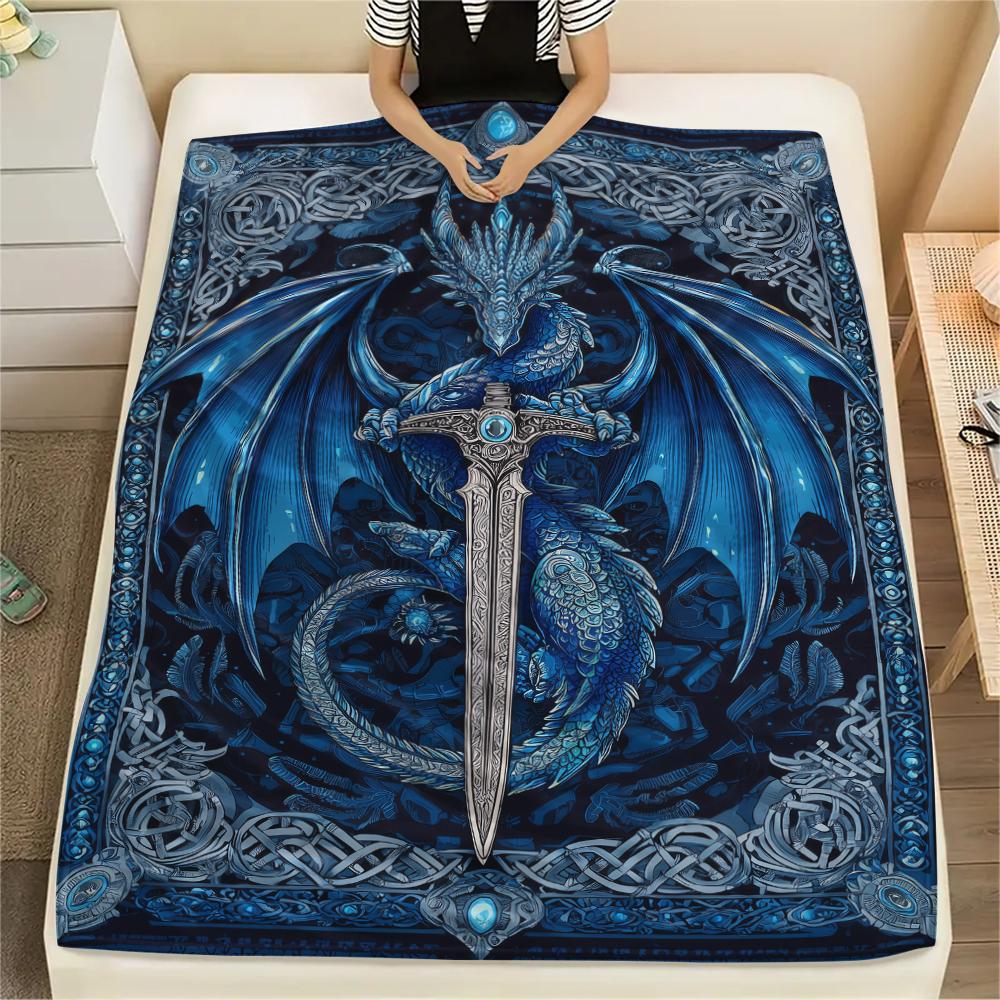 Sword and Dragon Print Flannel Blanket,High quality Comfortable for All Seasons,Home Decor,Warmth and Comfort,Perfect for Christmas Gifts