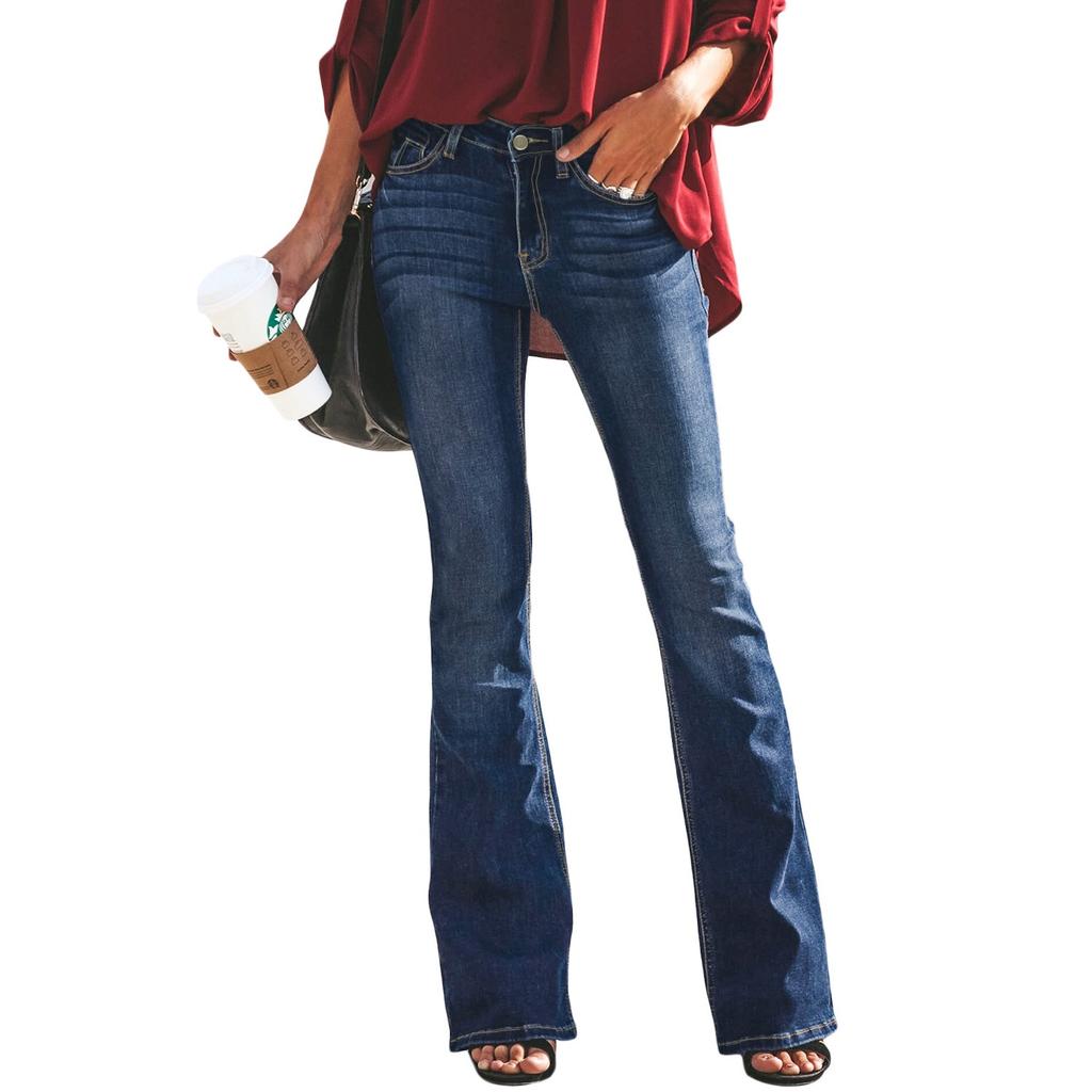 Women's Mid Rise Flare Bootcut Long Denim Pants Washed Solid Color Casual Jeans
