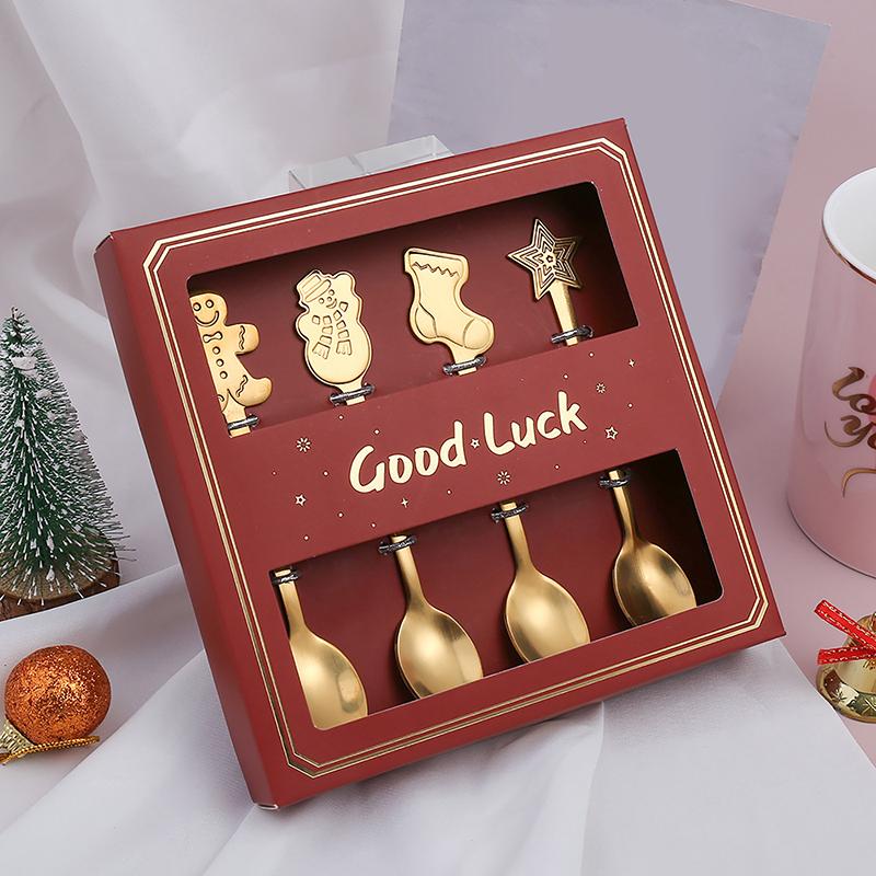 Christmas Spoons Set Portable Travel Use Stainless Steel Santa Claus Elk Snowman Dessert Soup Spoon Xmas Tableware