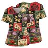 Women's Halloween Print V Neck Medical Scrub Top with Pockets Side Slits Short Sleeve Nurse Uniform Shirt for Healthcare Professionals
