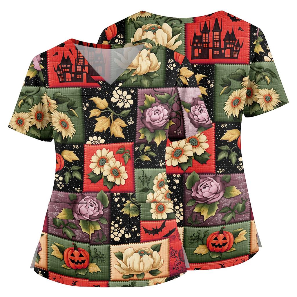 Women's Halloween Print V Neck Medical Scrub Top with Pockets Side Slits Short Sleeve Nurse Uniform Shirt for Healthcare Professionals