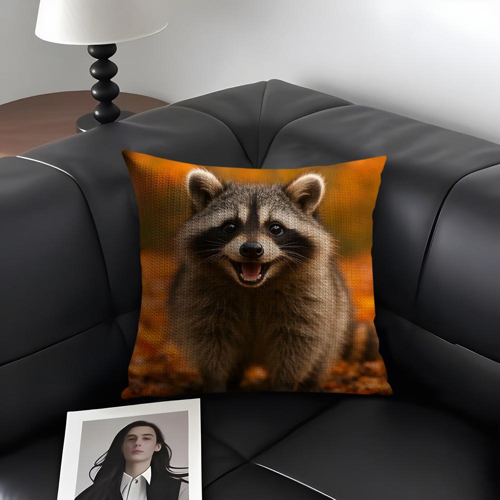 Raccoon Cute Cushion Cover Natural Linen Organic Fabric DoubleSided Printing Sofa Home Decor Gift Pillow Case