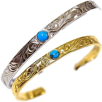 July Hawaiian Jewelry Bangle with Turquoise Stone, Surgical Stainless Steel, for Men and Women, Gift, Steel Silver: Size S (5.5cm)