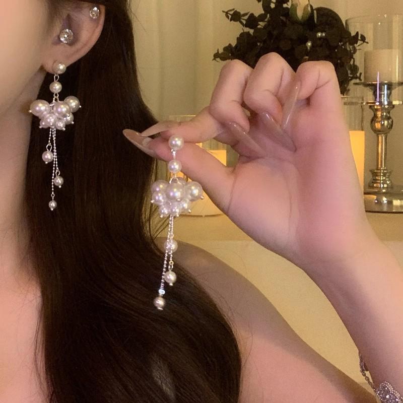 Французские романтические серьги с длинной бахромой из жемчуга, женственный нежный дизайн, сказочные серьги-пусеты, украшения для ушей для круглого лица
