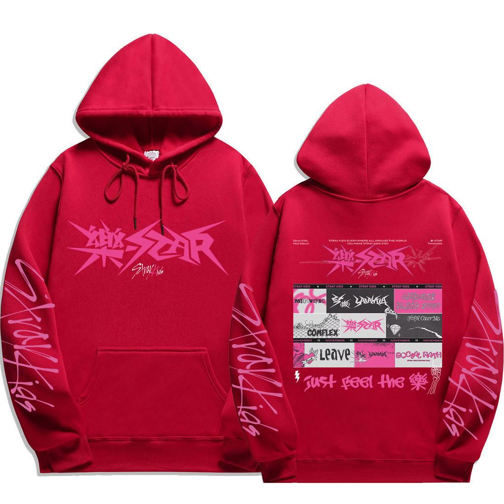 Stray Kids Pullover Hoodie Front Pink Punk Logo Vintage Punk Graphic Song Titles Just Feel Drawstring Hood Oversized Unisex K‑Pop Streetwear Fan Merch
