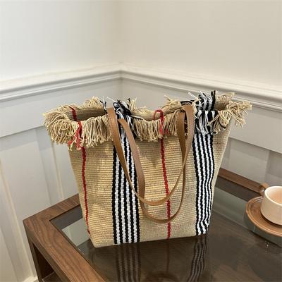 2025 Summer New Canvas Tote Bag Fashionable Large-capacity Shoulder Bag Fringed Versatile Striped Woven Bag