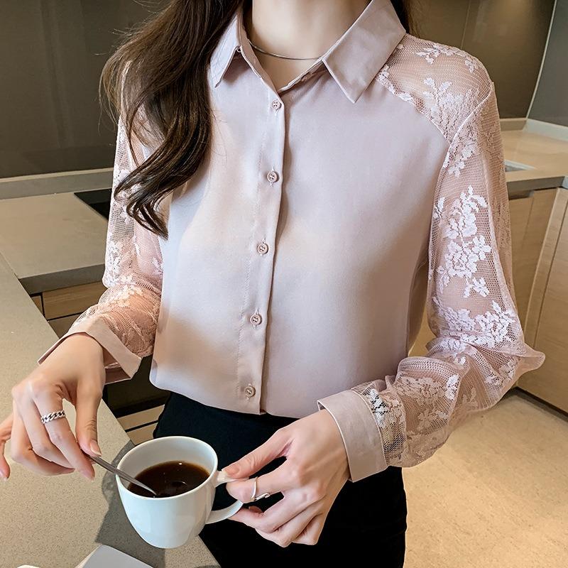 Western Style Women's Collar Lace Patchwork Chiffon Shirt Top Cardigan Shirt