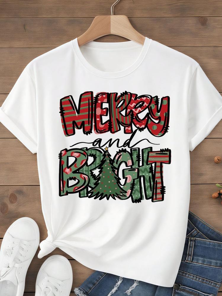 (Asian Size)sweet tree Tee Top festival  Merry Christmas New Year Holiday Women Print Lady Short Sleeve Fashion Graphic T-shirts