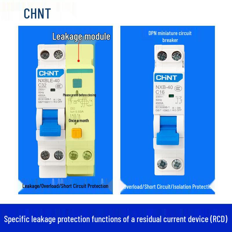 Chint 1P+N Miniature Circuit Breaker with 220V RCD Leakage Protection