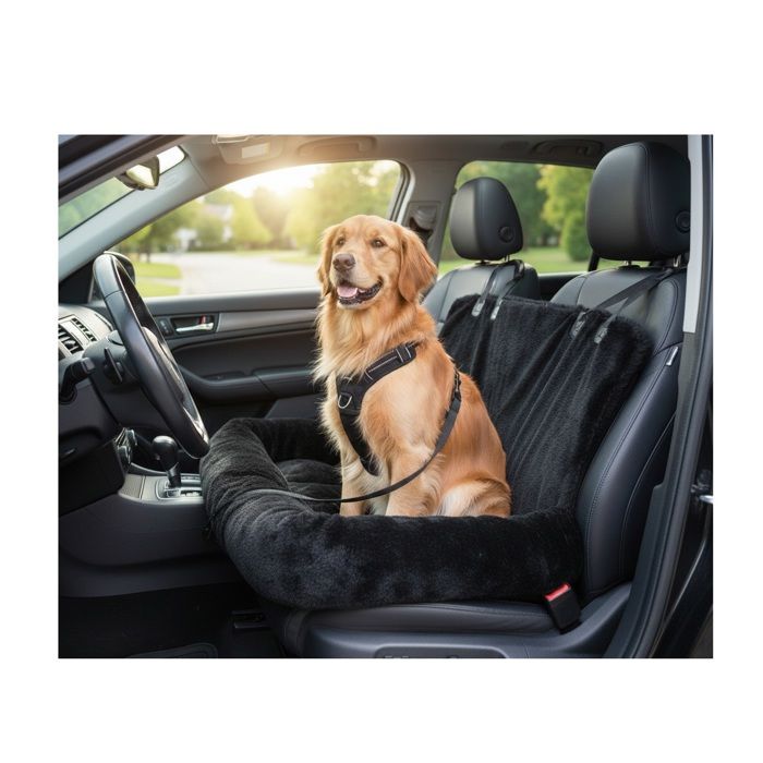 Siège auto pour chien banquette arrière EDEN Krems - Coussin peluche noir rembourré, fixation appuis-tête