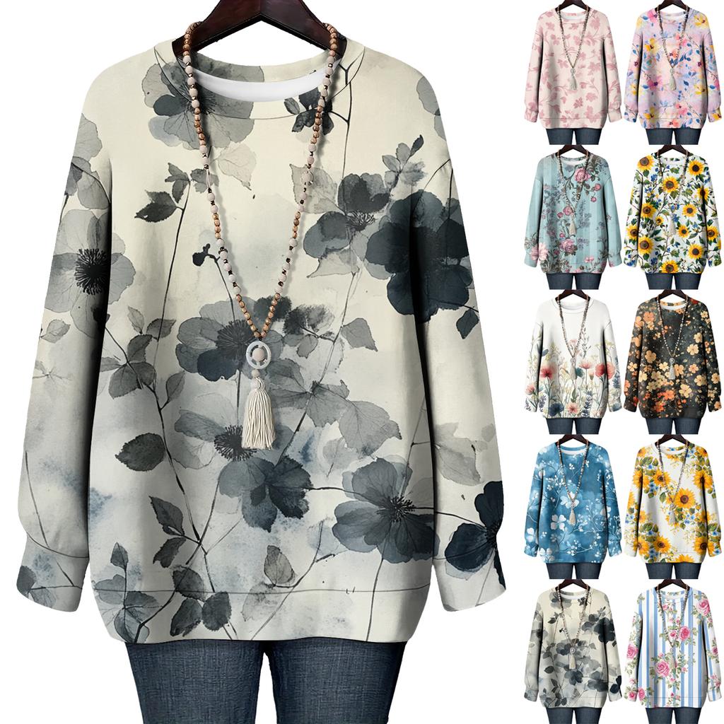 Women's Floral Print Round Neck Long Sleeved T-shirt Sweatshirt Top