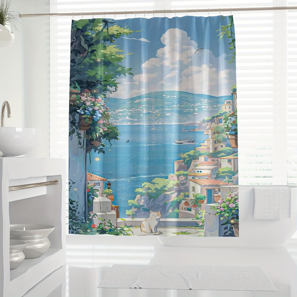 Coastal Cityscape Shower Curtain - Polyester Decor, Vibrant Beach Town Artwork, All-Season Use, Artistic Bathroom Accessory