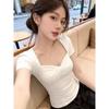 French pure desire beautiful square collar short-sleeved t-shirt Spice Girl design sense niche waist thin huge good-looking top tide