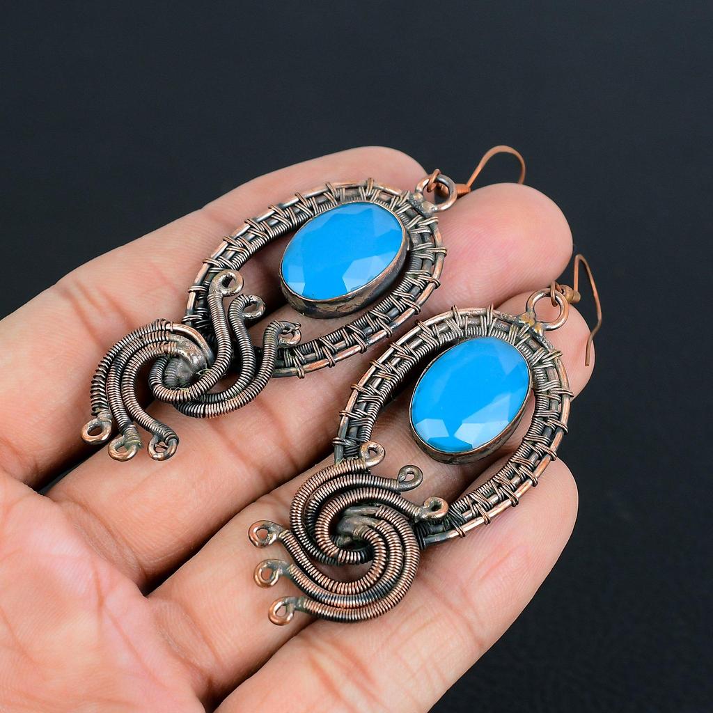 Blue Chalcedony 999 Copper Wire Wrapped Earrings, Handmade Gemstone Earrings Jewelry, Gifts For Wife Brand New Earrings