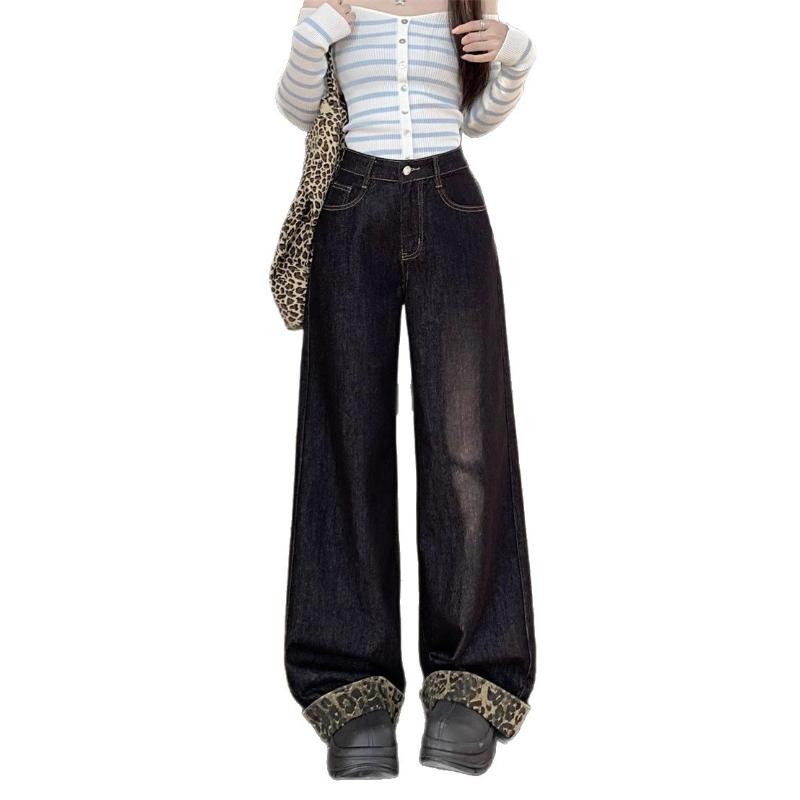 Cuffed Paneled Leopard Print Wide Leg Jeans Women Spring Autumn New Style Slimming Floor Length Loose Straight Leg Pants