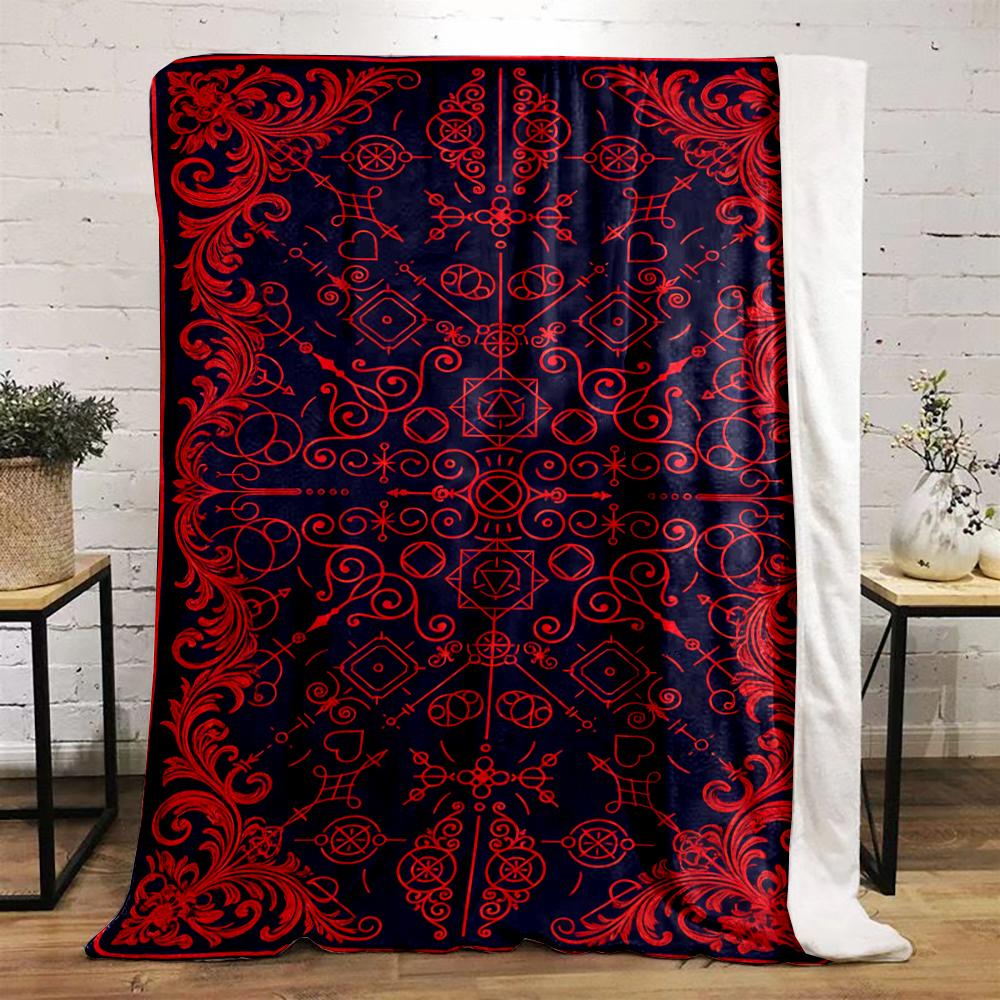 Red Ornamental Pattern with Geometric Symbols Flannel blanket for bedroom, living room, sofa, and nap sofas.