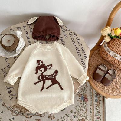2024 Autumn Infant Girl Sika Deer Knit Romper with Optional Hat