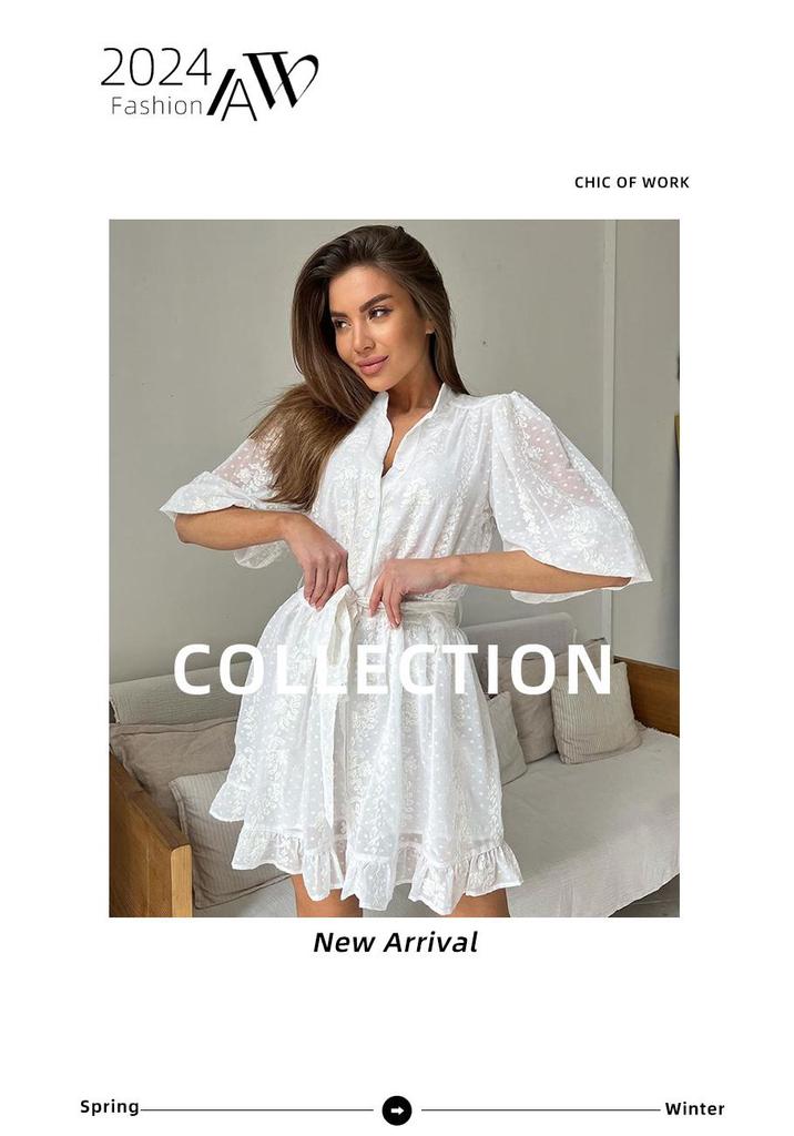 French Jacquard Stand-up Collar Tie Dress 2024: European & American Spring/Summer Fashion, Elegant Cross-border Short Skirt for Women