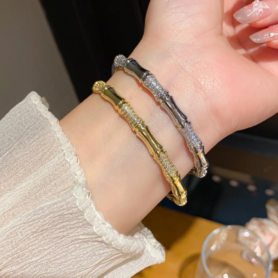 Copper Zircon Bamboo Charm Bracelet With Gold Plating And Trendy Style For Daily Wear
