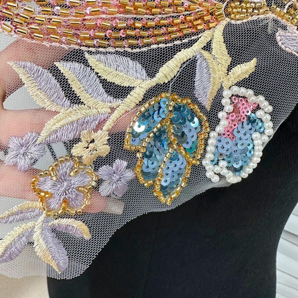 Mesh Lace Sequined Beads Embroidered Flower Cloth Sticker Chinese Hanfu Cheongsam Sweater Decorative Patch Sticker
