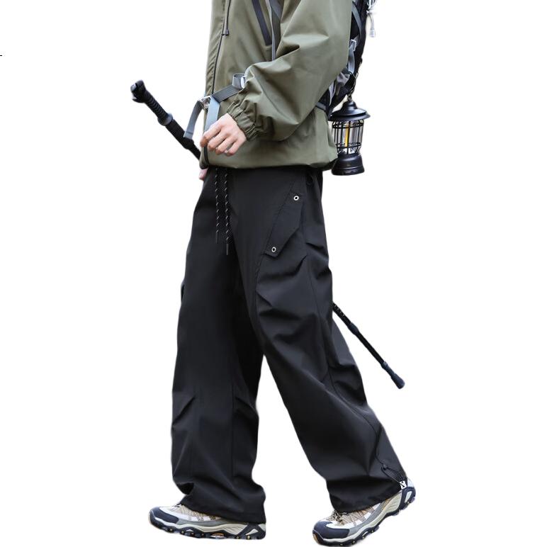 SWAMP AREA American Rivet Hiking Pants for Men, Spring And Autumn Trendy Cargo Pants, Casual Versatile Wrinkled Trousers KS2503 Black M