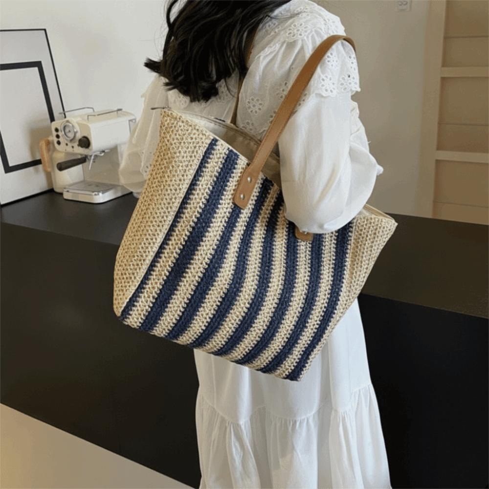 Striped Straw Shoulder Bag Bohemian Women Shopping Handbag Portable Weave Tote Bag Girl
