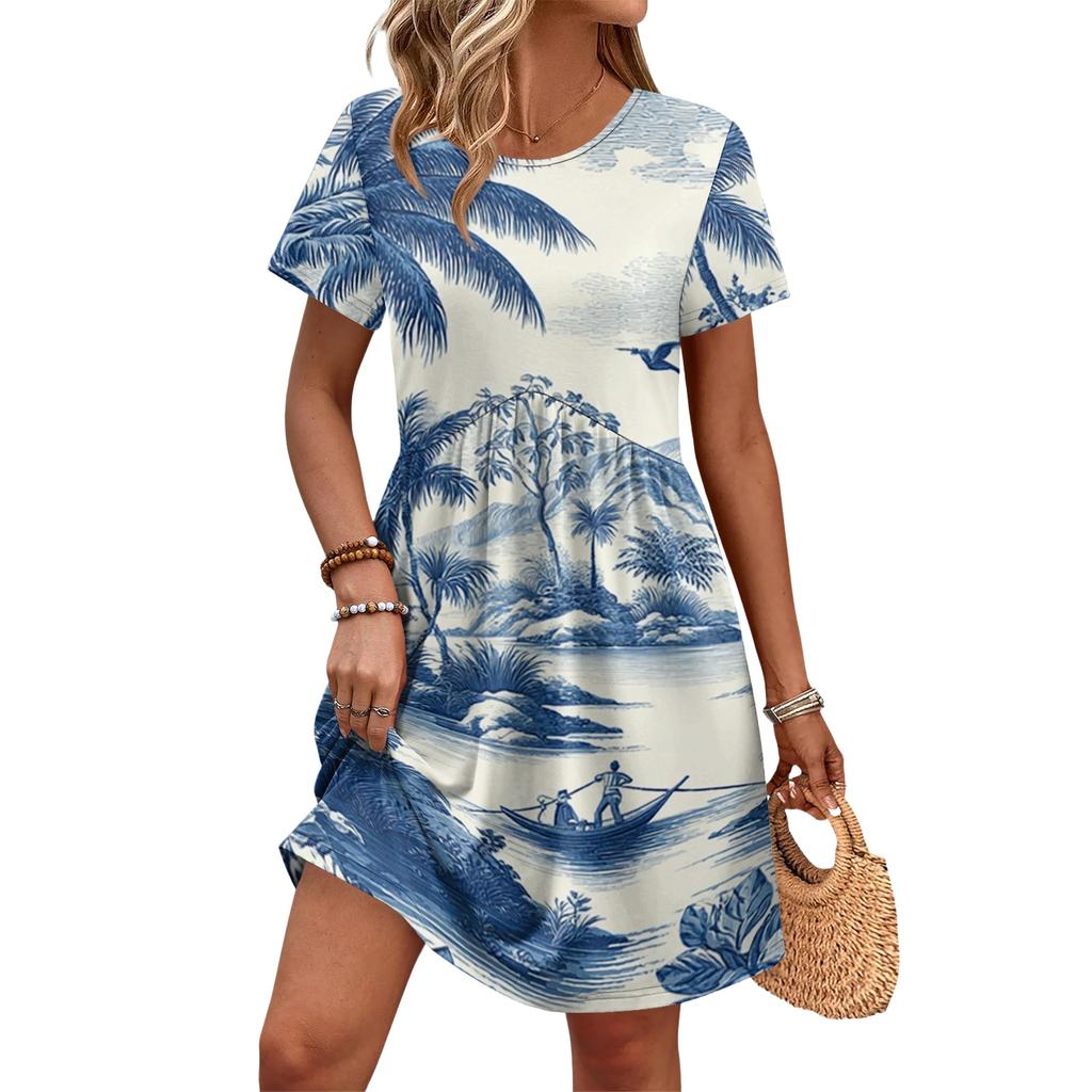 Damen Kurzarm Hawaiian Print Lässiges Kleid Rundhalsausschnitt Mit Taillenband und Taschen Leichtes Sommer Strandkleid