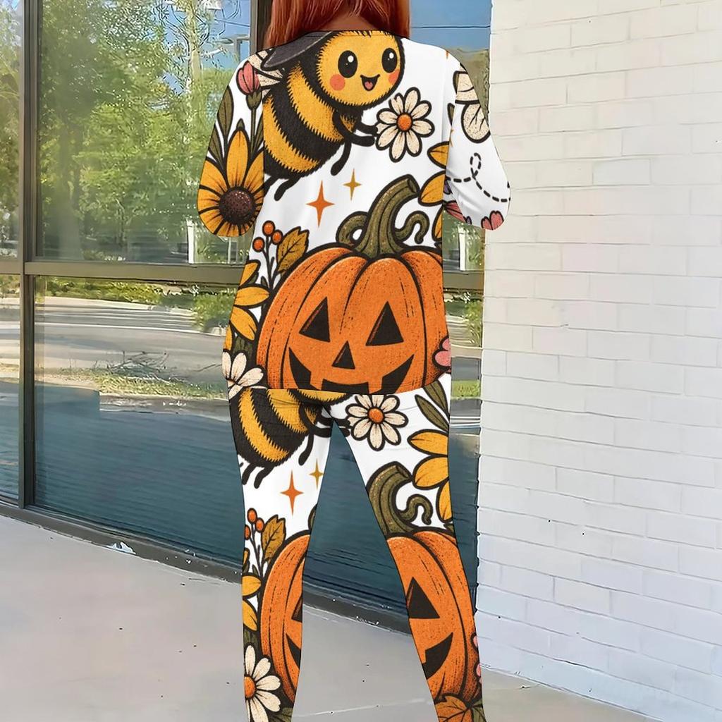 Women Plus Size Round Neck Long Sleeve Bee Pumpkin Printed Top And Fitted Pants Two Piece Set