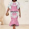 Women Plus Size Two Piece Set Round Neck Batwing Sleeve Printed Ruffle Hem Top Fishtail Skirt Silver Black