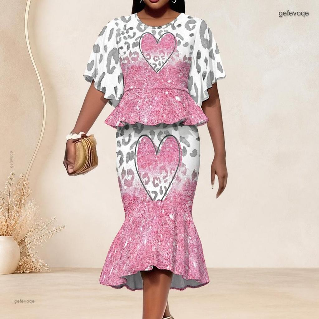 Women Plus Size Two Piece Set Round Neck Batwing Sleeve Printed Ruffle Hem Top Fishtail Skirt Silver Black