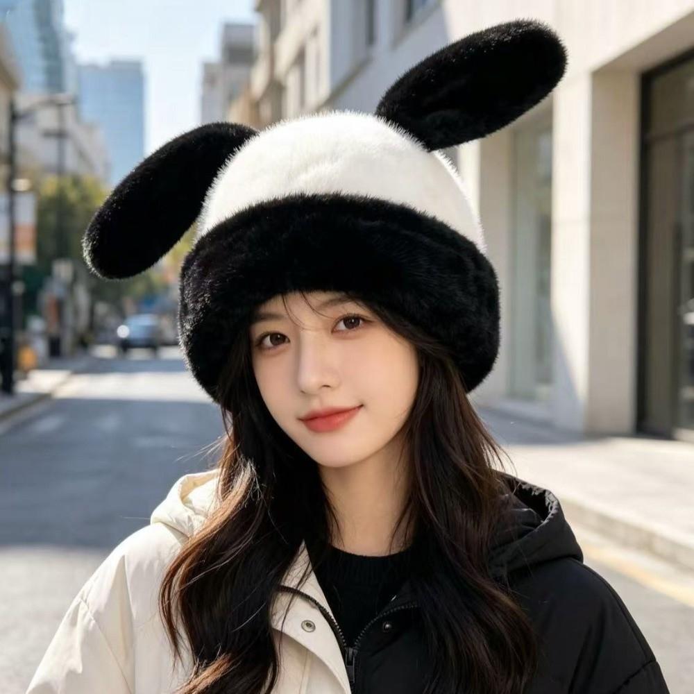 Coldproof Rabbit Ears Beanies Solid Color Ear Protection Hat Funny Plush Pullover Cap Women
