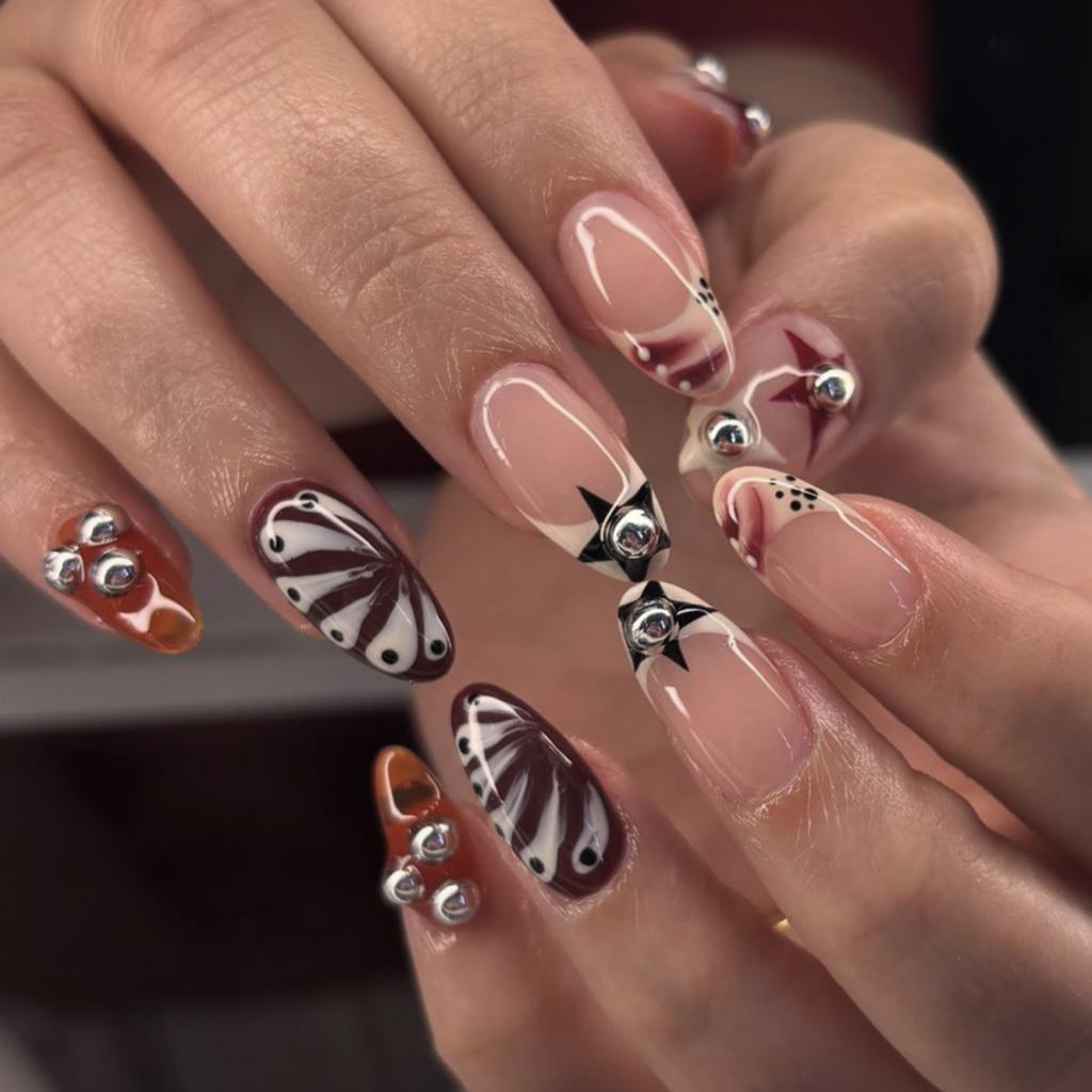24 Pcs Y2K Short Almond Press On Nails With Shiny Cat Eye And Five Pointed Star Pattern Detachable Fake Nails