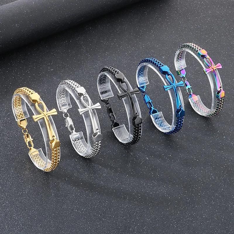 Bracelet Vintage Charm Pendant Amulet Talisman Ankh Cross Men Women Stainless Steel Egypt Egyptian Key Life Religious Jewelry Gift Hip Hop Rock Goth