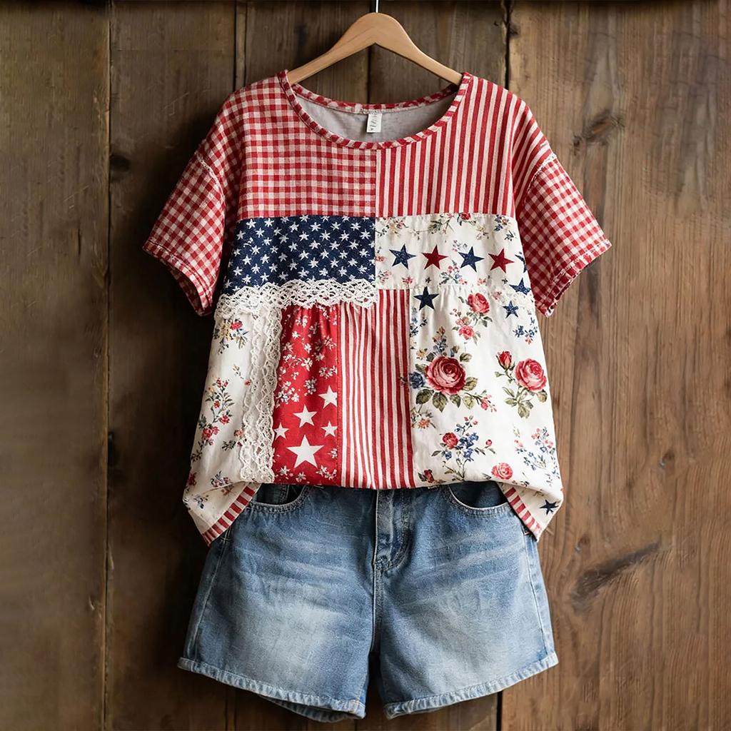 Women's American Floral Patchwork Print Casual T-Shirt 250Th Anniversary USA Shirt Patriotic Tshirt