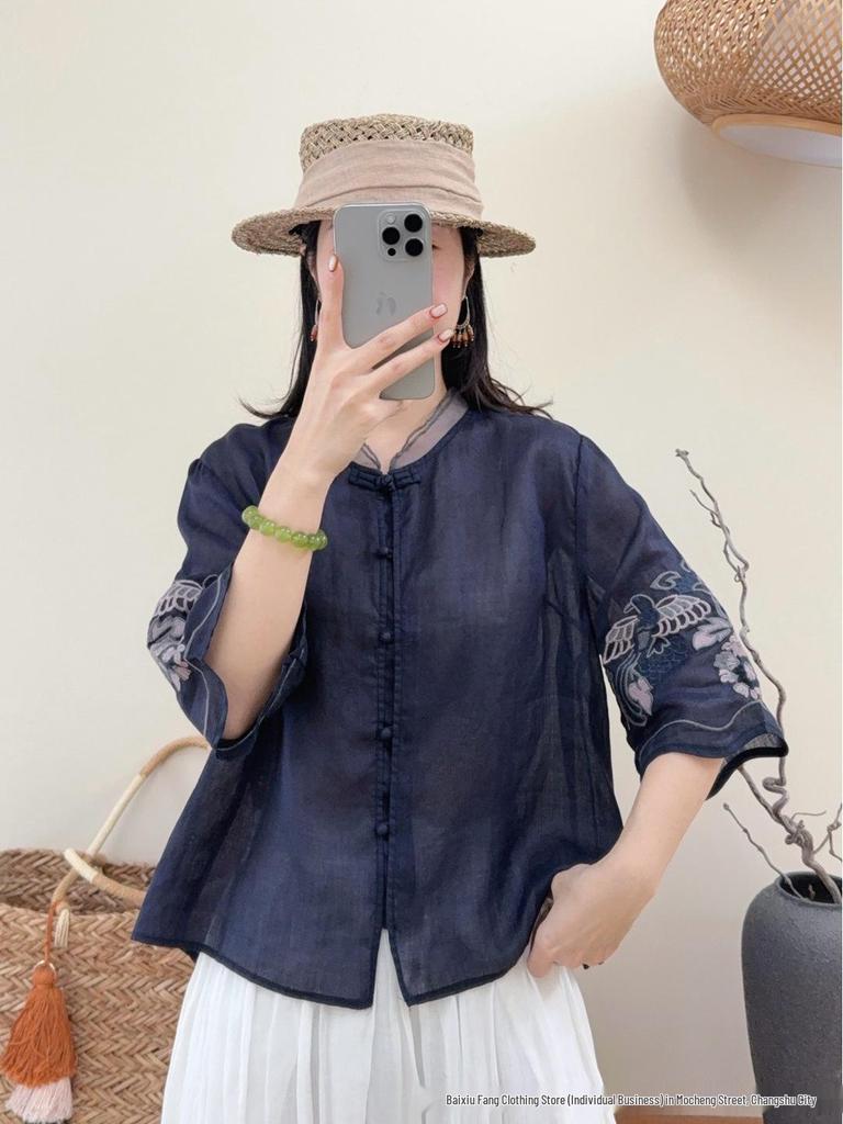 2026 Summer Women's Embroidered Ramie Shirt - Artistic Chinese Style, Stand Collar, Three-Quarter Sleeves