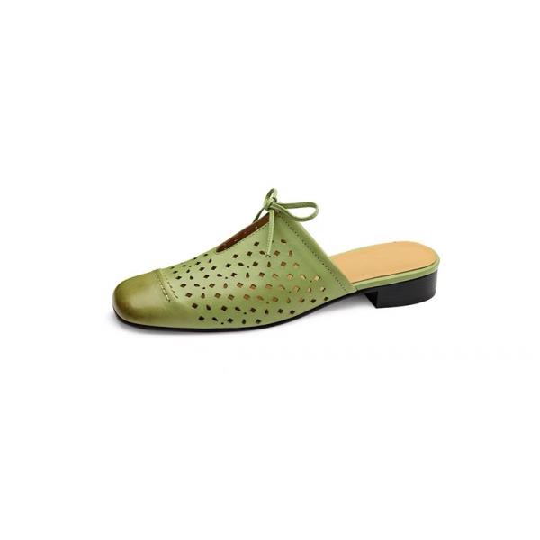 Fashion Female Shoes Fretwork Heels Womens Slippers Outdoor Med Cover Toe Slides 2025 Summer Genuine Leather Rome Rubber Fabric PU Hoof