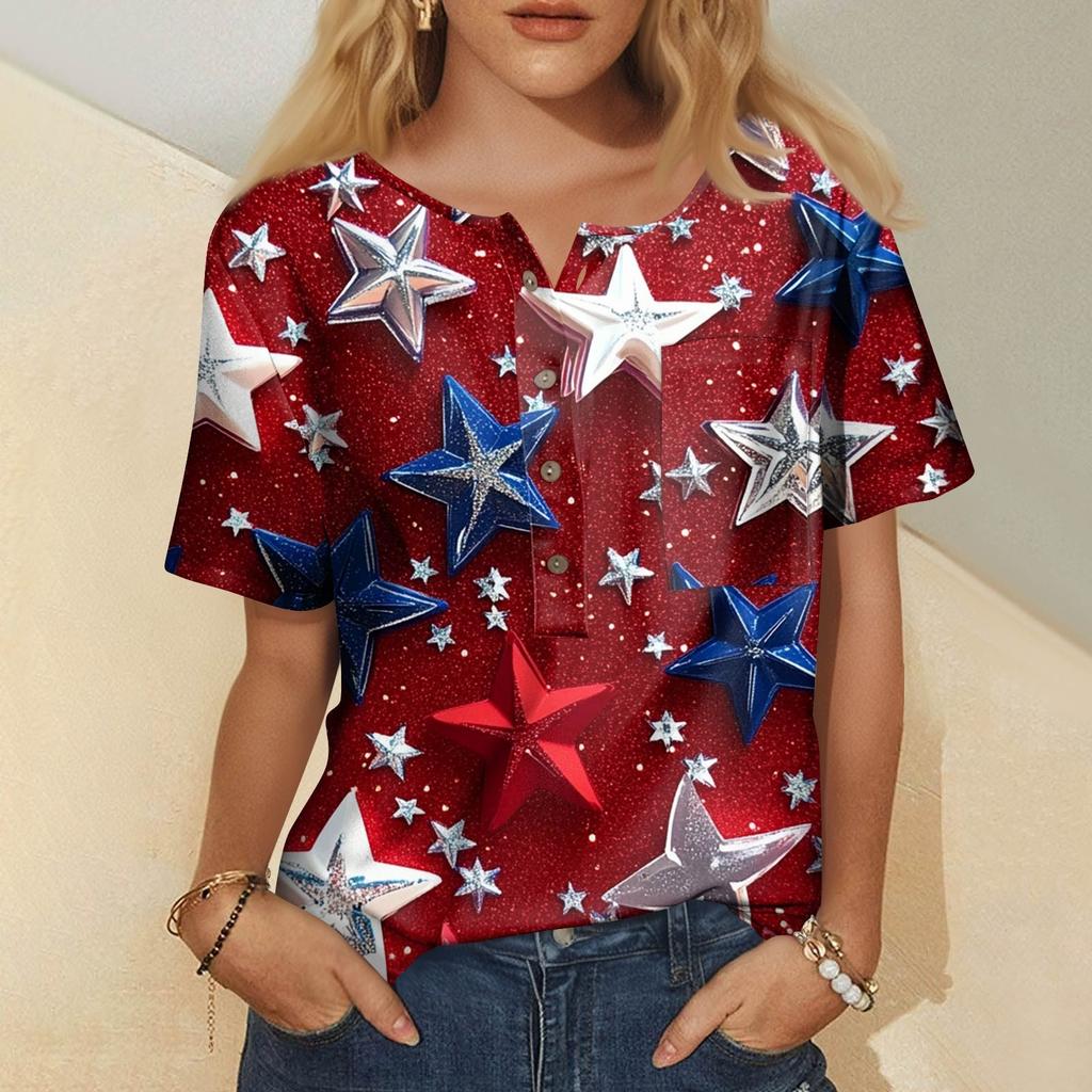 Modna damska bluzka z krótkim rękawem i nadrukiem, okrągłym dekoltem