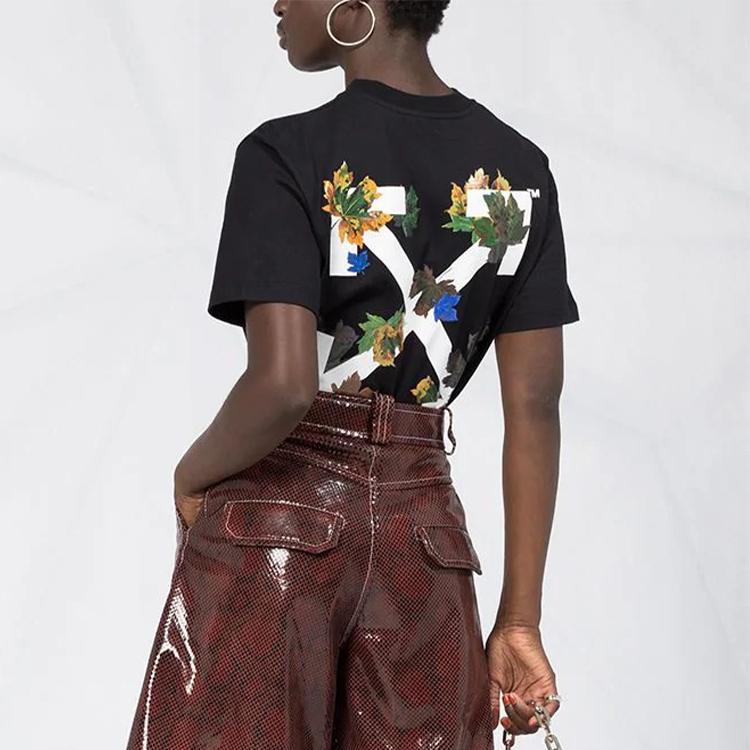 Off-White Leaf Arrow Print Short Sleeve T-Shirt Women Tops Black OWAA049E20JER0141001