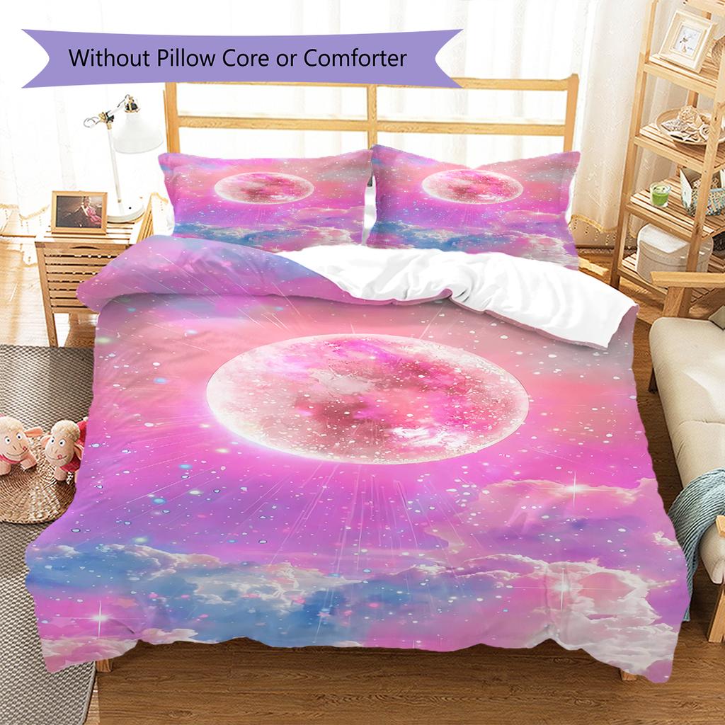 Galaxy Moon Pattern Bedding Quilt Set Quilt Cover Pillowcase Home Decoration Gift (1 * Duvet Cover + 2 * Pillowcase, Without Core)