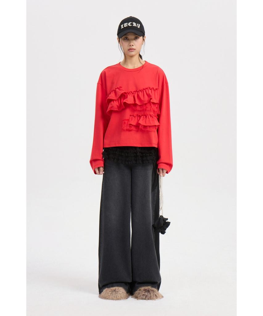 LUCKY CHOUETTE Frill Point Standard Fit Long Sleeve T-Shirt (Red) Lftaw25420Rex