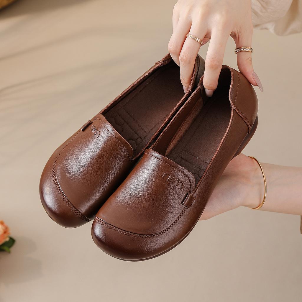 Leder runde Spitze Retro Mutter einzelne Schuhe Damen Herbst Neu Retro Stil Bequem Flacher Absatz Rindersehne Weiche Sohle Alte Herrenschuhe