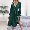 Dresses Solid Color Summer Women A Line V Neck High Waist Ruffle Edge Lace Up Spring