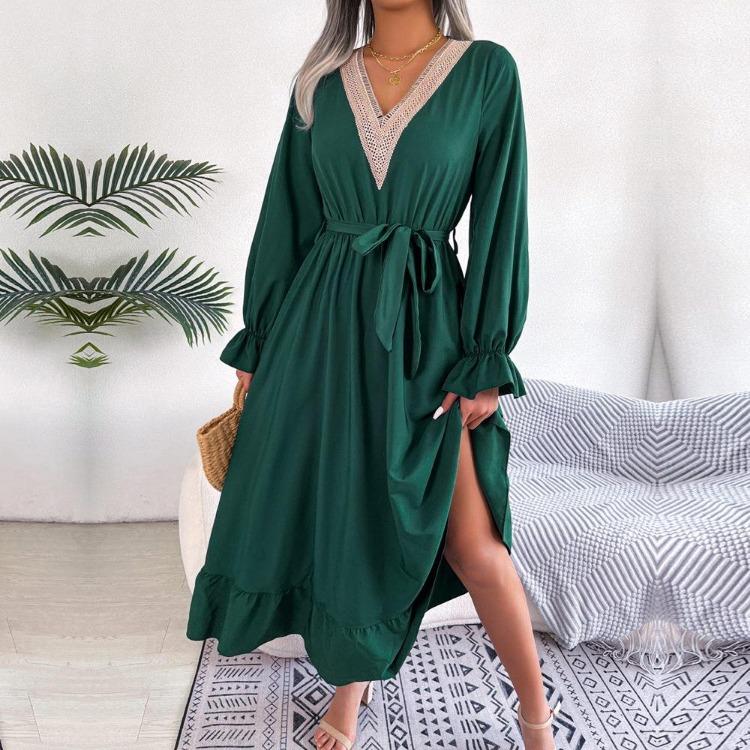 Dresses Solid Color Summer Women A Line V Neck High Waist Ruffle Edge Lace Up Spring